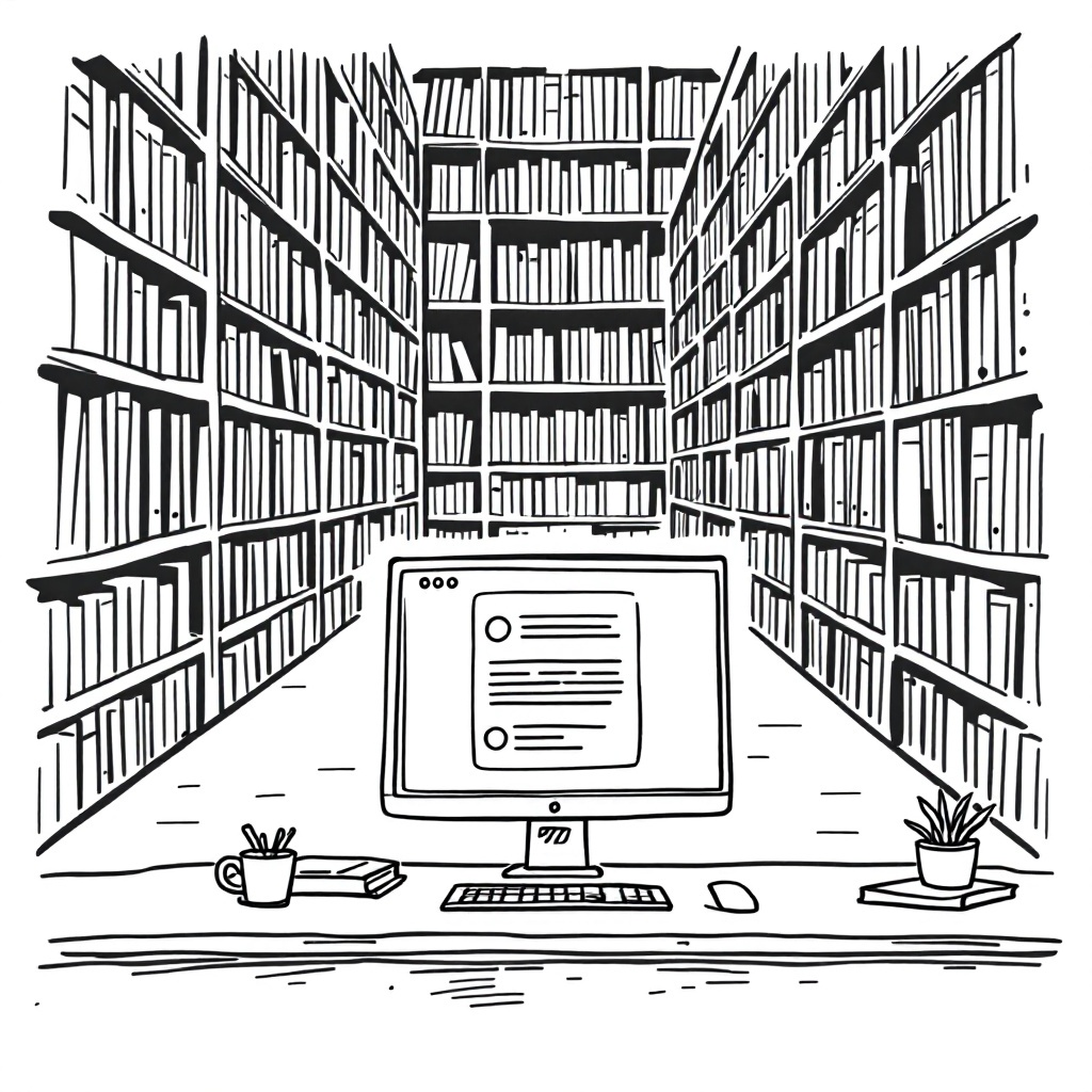 Large scale document processing system showing a vast library and a computer access terminal.